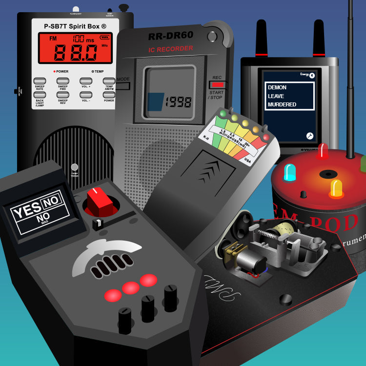 Essential ghost-hunting devices in vector realistic style, including the Ovilus, REM-POD, Spirit Box, K2 meter, Paranormal Music Box, Onvoy, and Panasonic DR60, designed for detecting and interacting with paranormal activity.