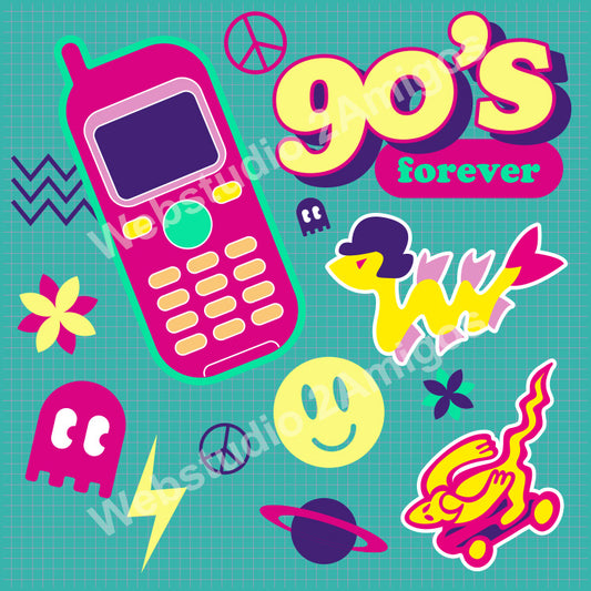 90s Forever vector sheet and Sticker Pack