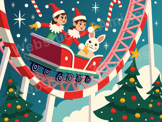 Candy Cane Roller Coaster Ride – Festive Christmas Illustration with Elves