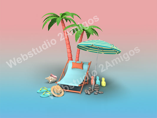 Holiday scene with: a beach lounger, a parasol and palm trees