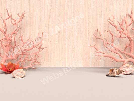 Backdrop with coral, shells, flowers and a marble wall