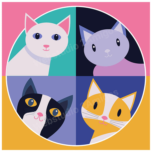 Portrait of 4 different cats in colourful geometric style