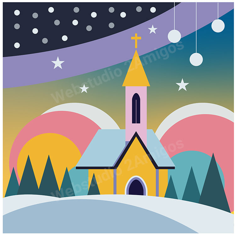 Church with a starry sky at night in winter time and snow falling