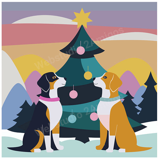 Two dogs and a Christmas tree in a dreamy snowy landscape