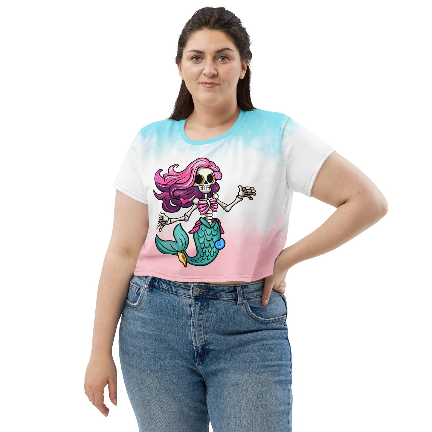 Skeleton Mermaid All-Over Print Crop Tee