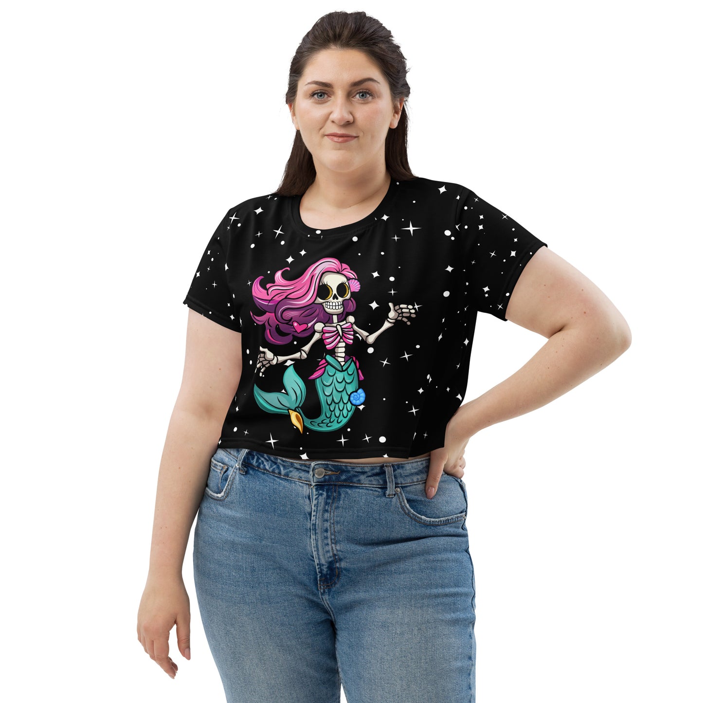 Skeleton Mermaid All-Over Print Crop Tee