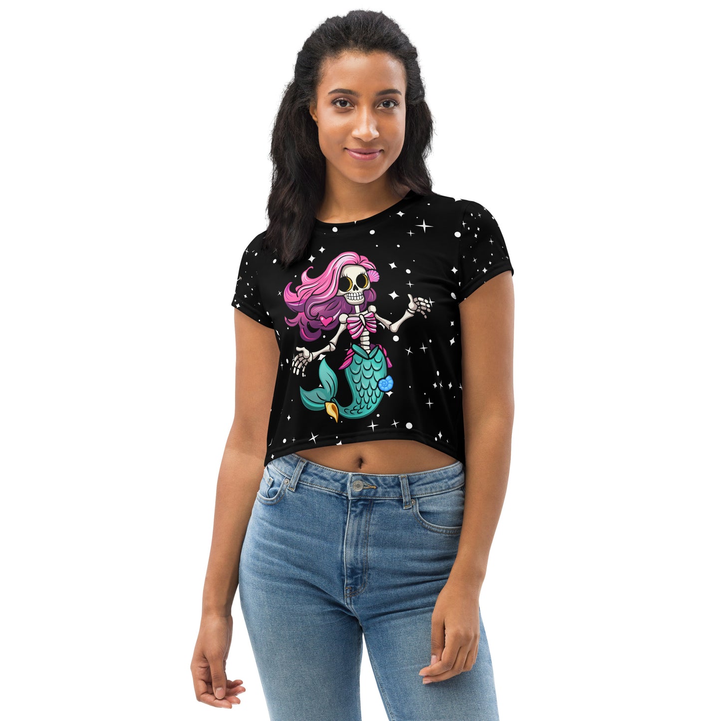 Skeleton Mermaid All-Over Print Crop Tee