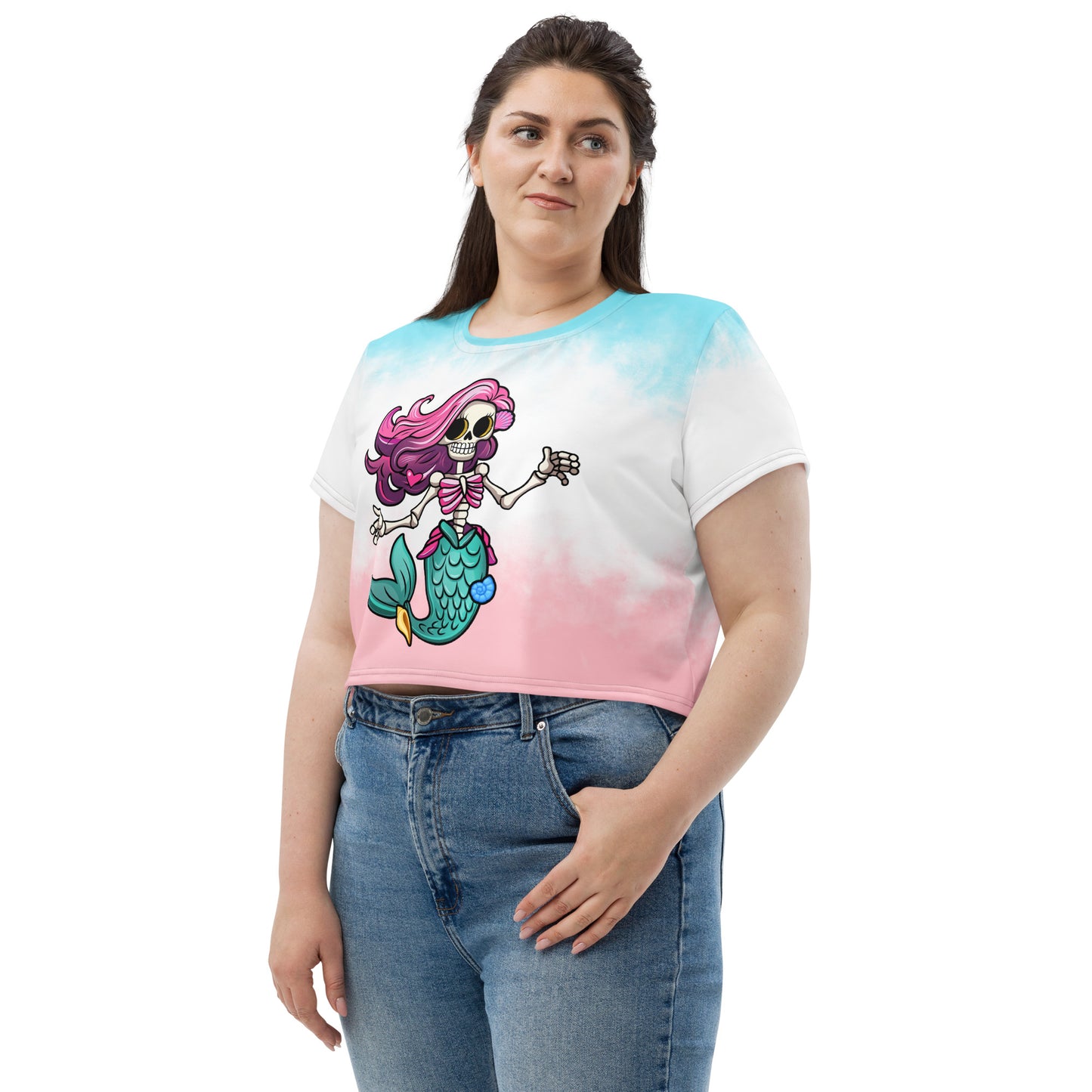 Skeleton Mermaid All-Over Print Crop Tee