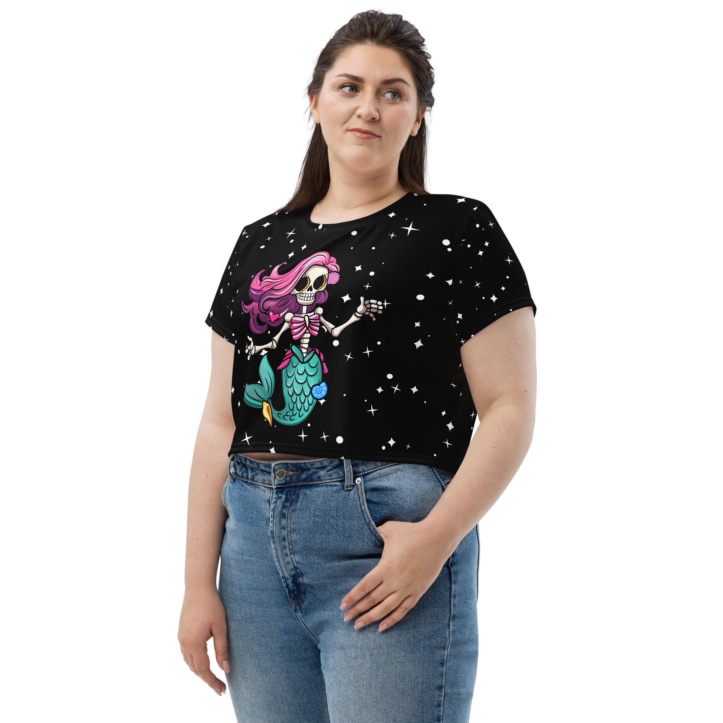 Skeleton Mermaid All-Over Print Crop Tee