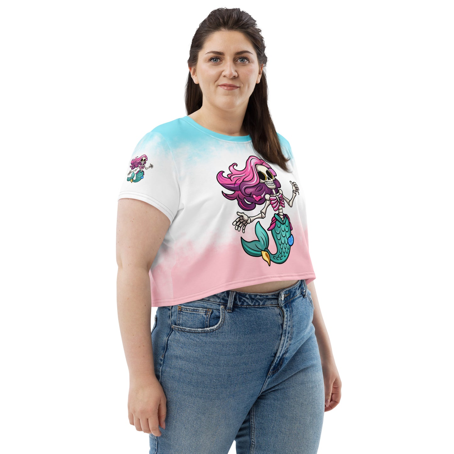 Skeleton Mermaid All-Over Print Crop Tee