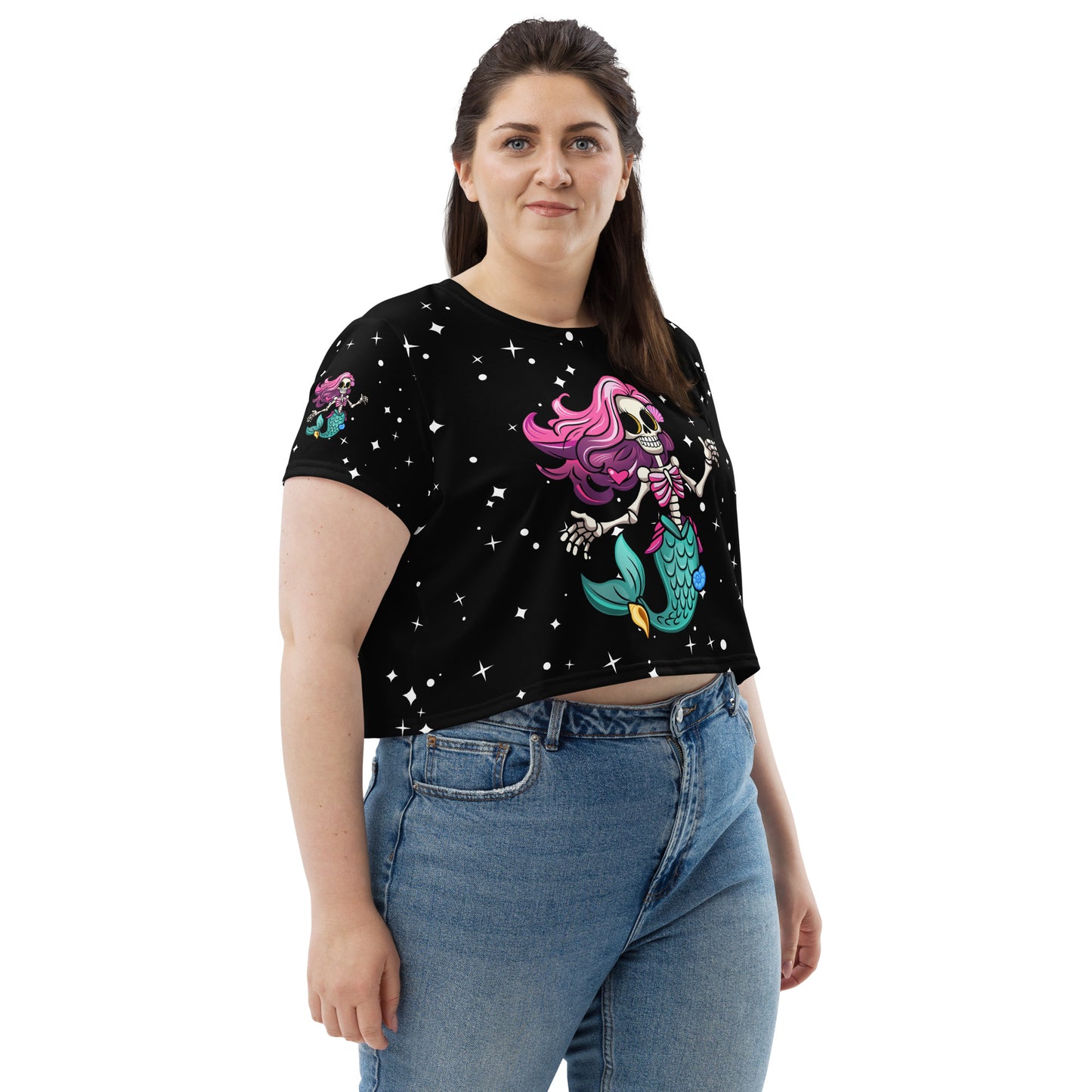 Skeleton Mermaid All-Over Print Crop Tee