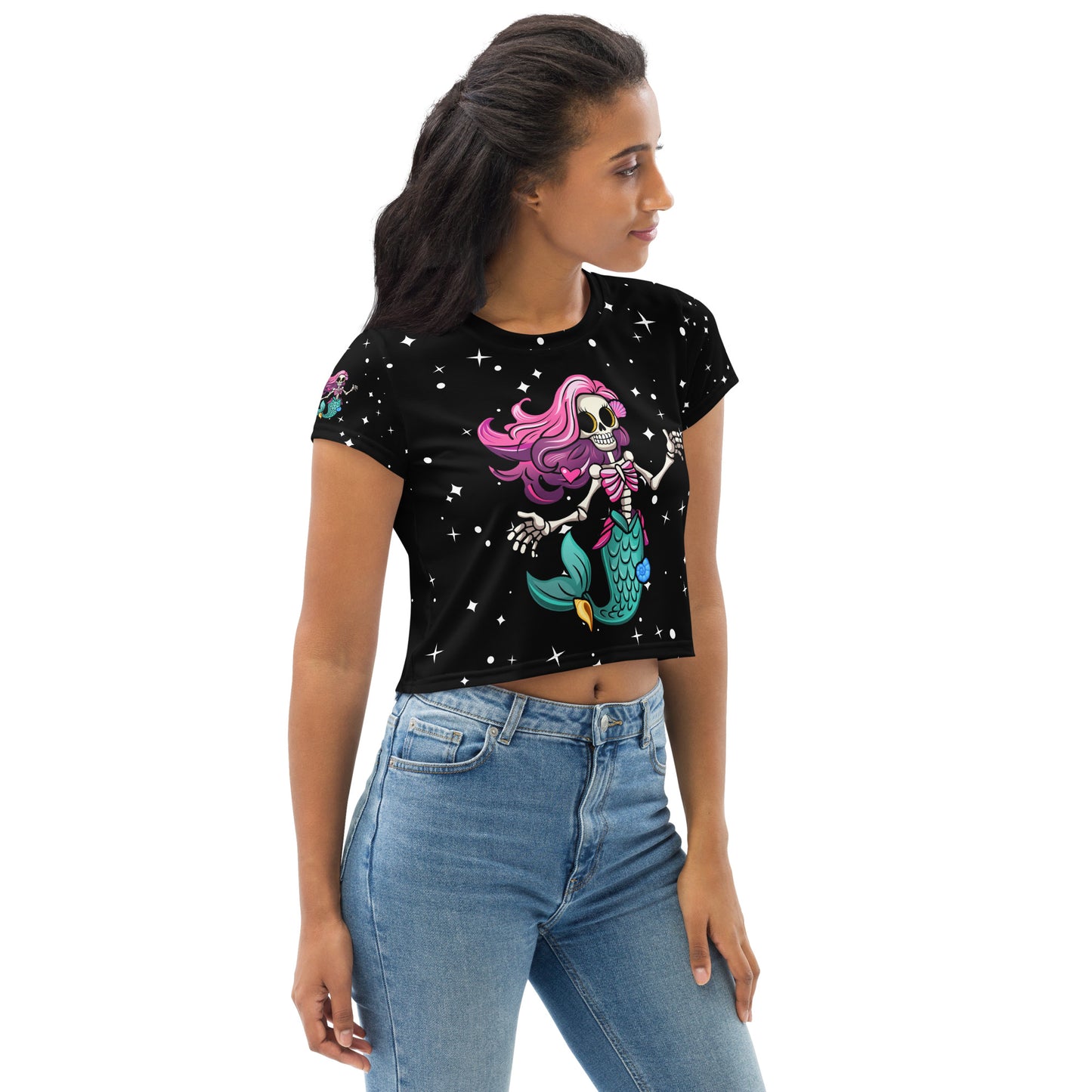 Skeleton Mermaid All-Over Print Crop Tee