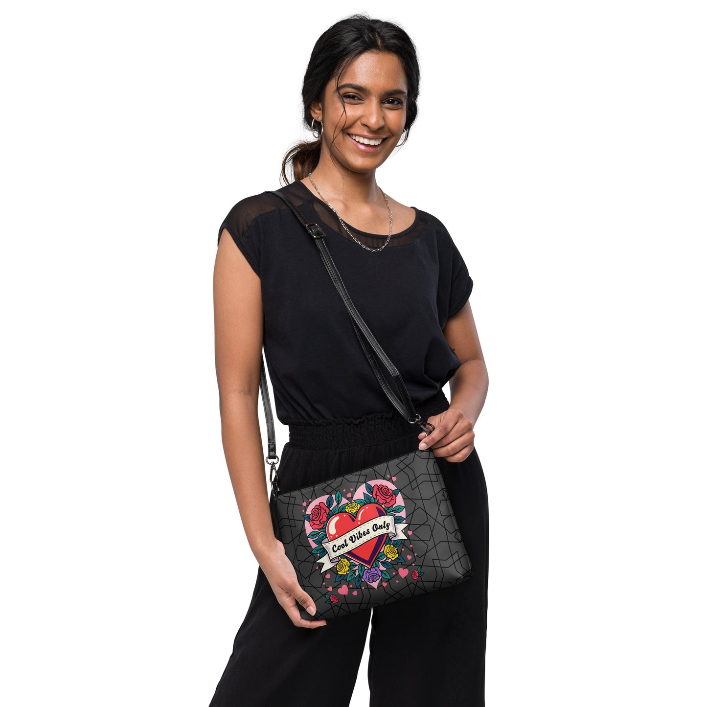 Cool Vibes Only Heart with Roses Crossbody bag