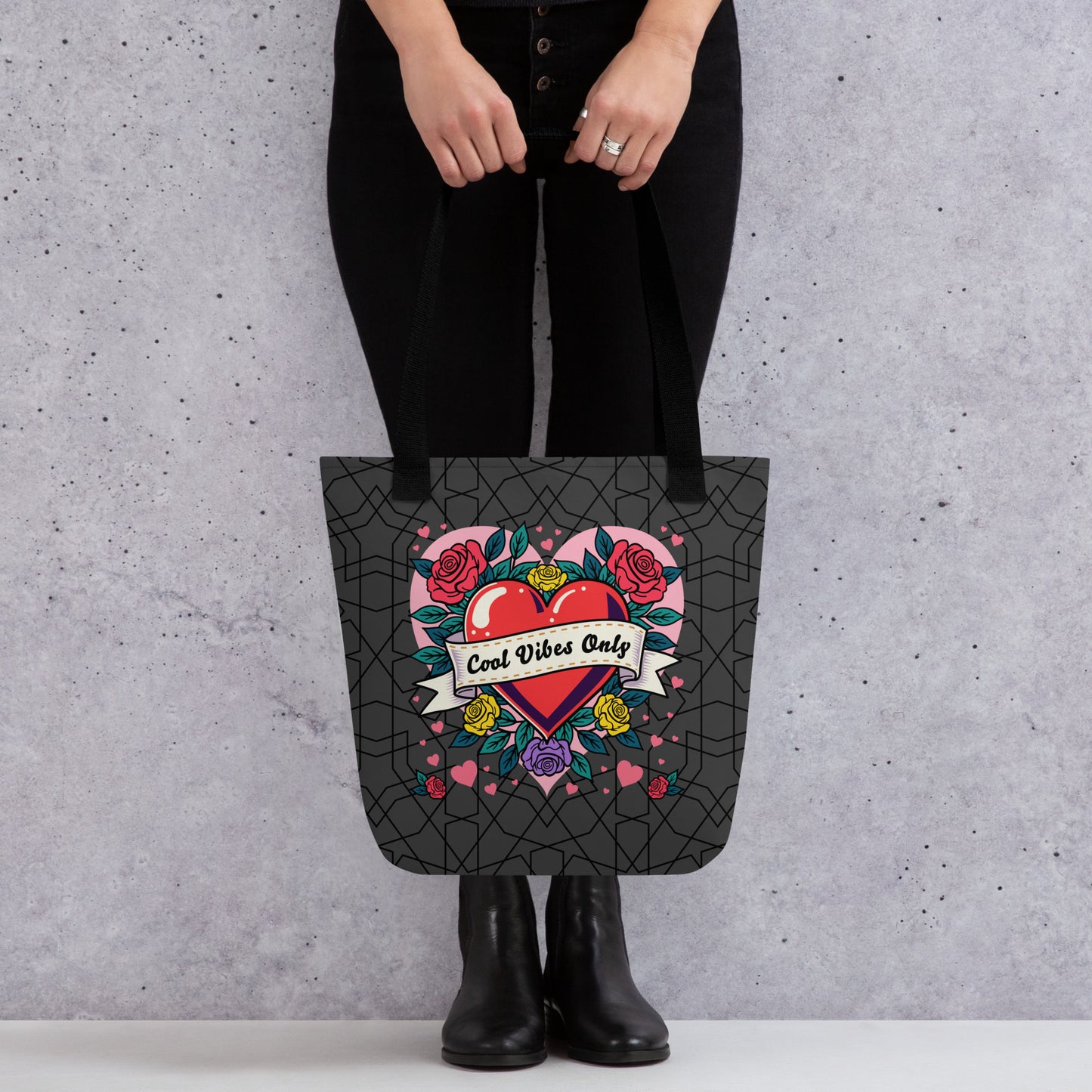 Cool Vibes Only Heart with Roses tote bag