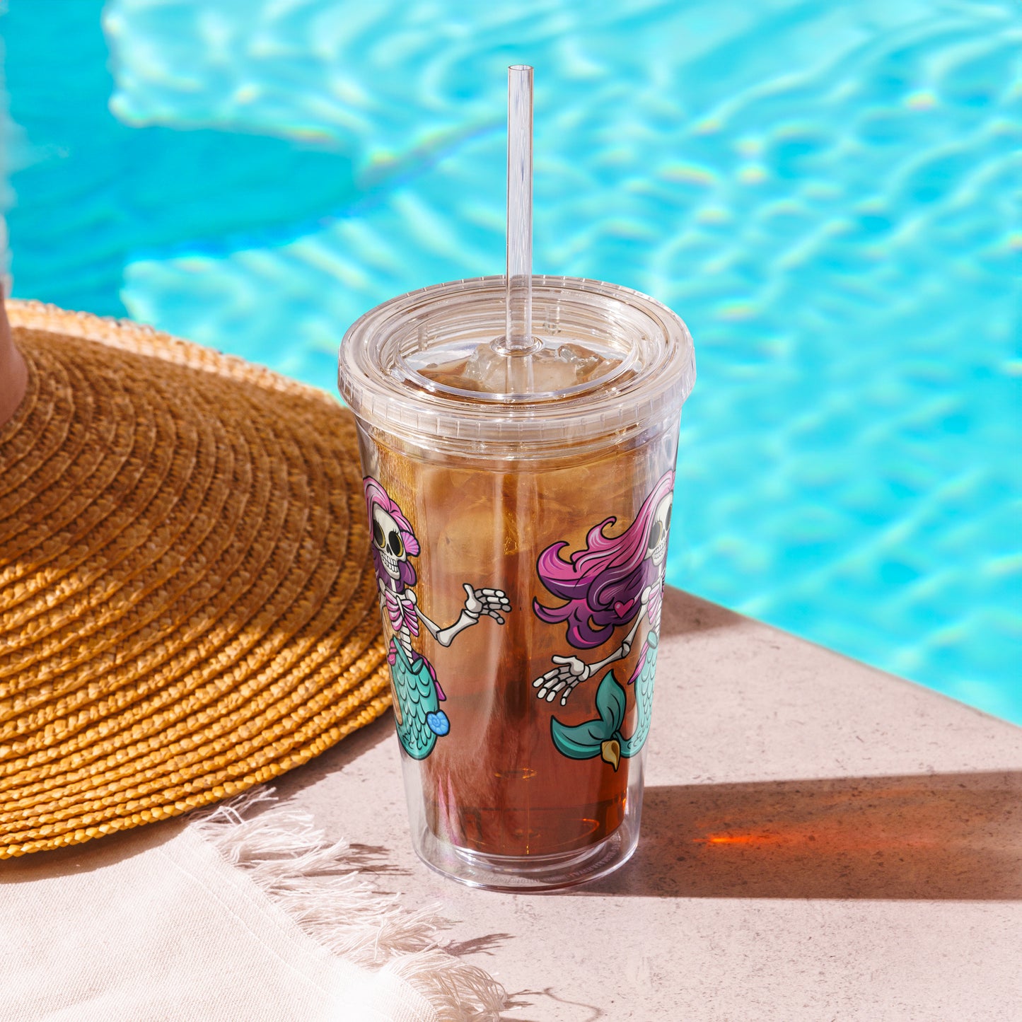 Skeleton Mermaid Clear plastic tumbler