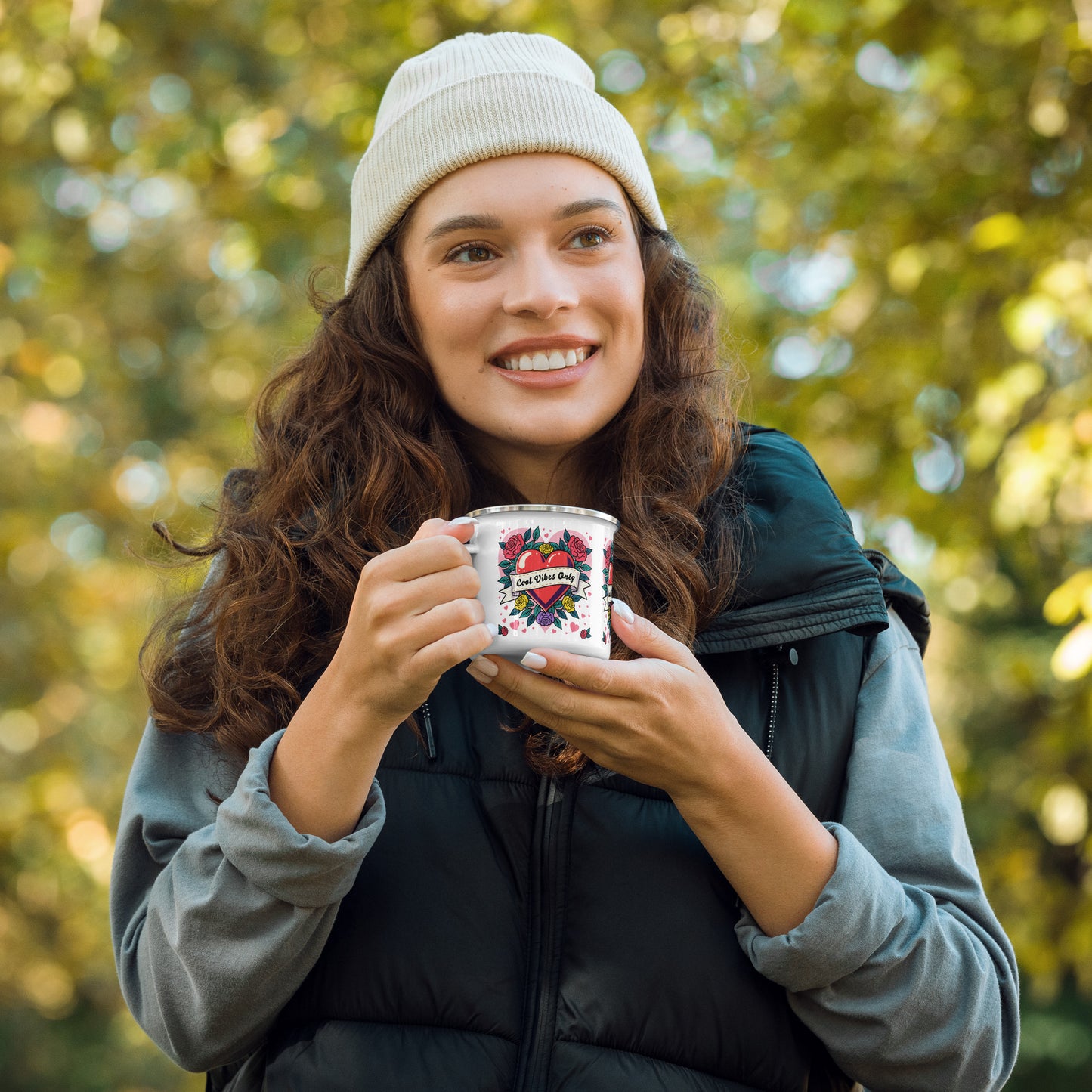 Cool Vibes Only Heart with Roses  enamel Mug