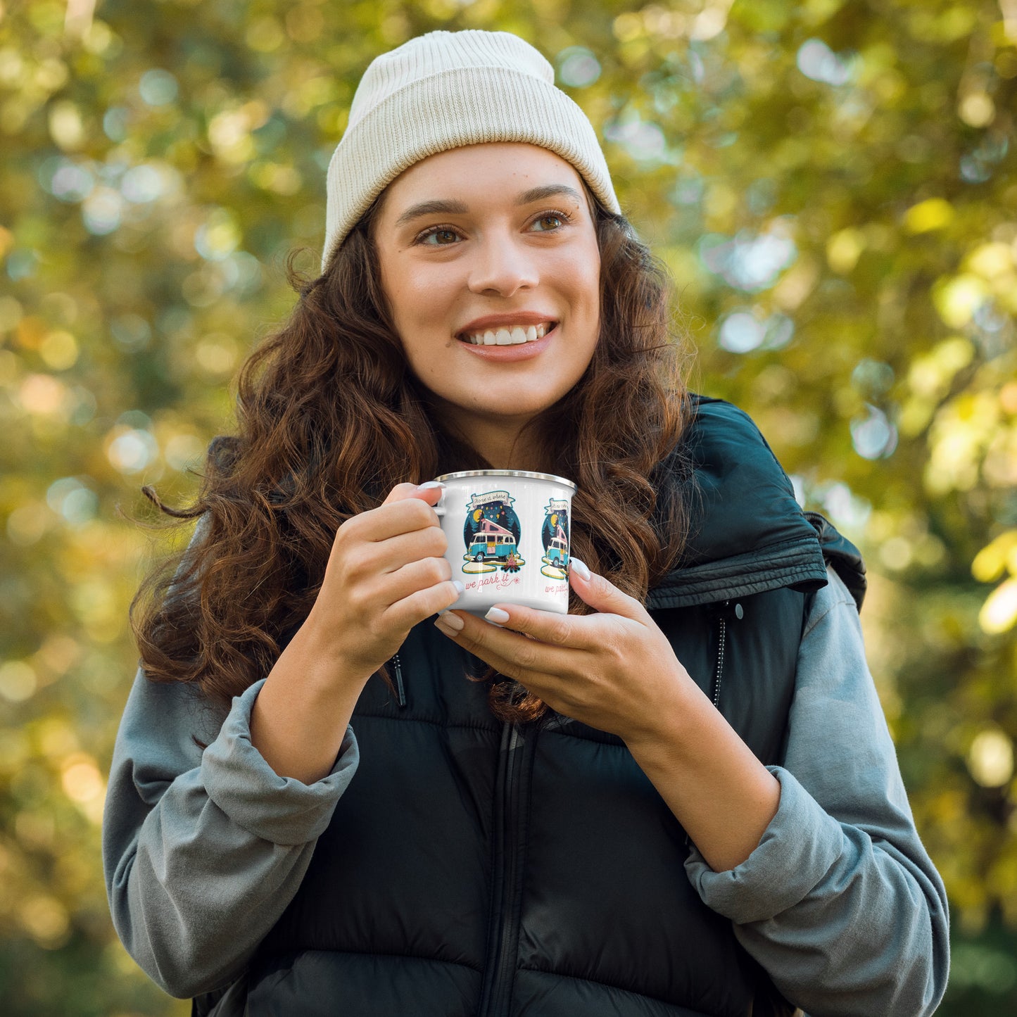 Home Is Where We Park It - Retro Camper Van Adventure Design enamel mug