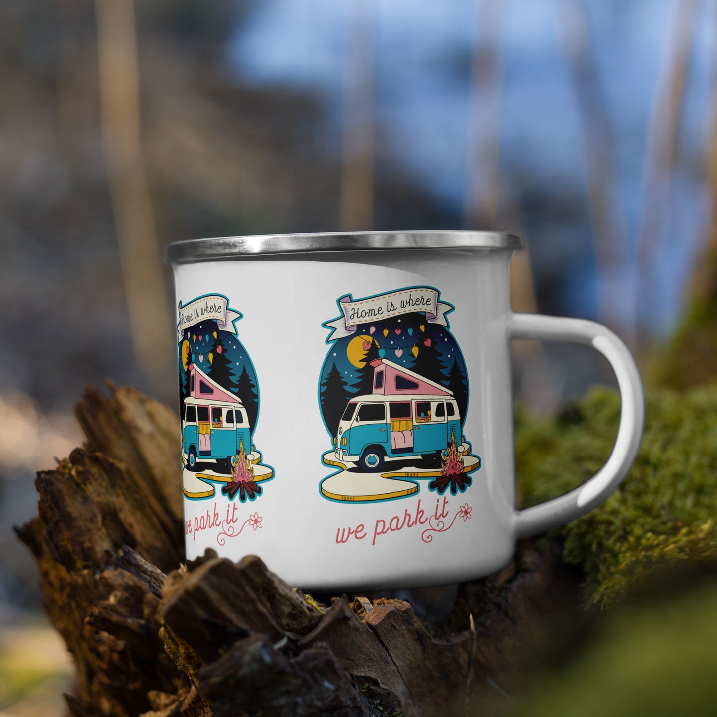 Home Is Where We Park It - Retro Camper Van Adventure Design enamel mug