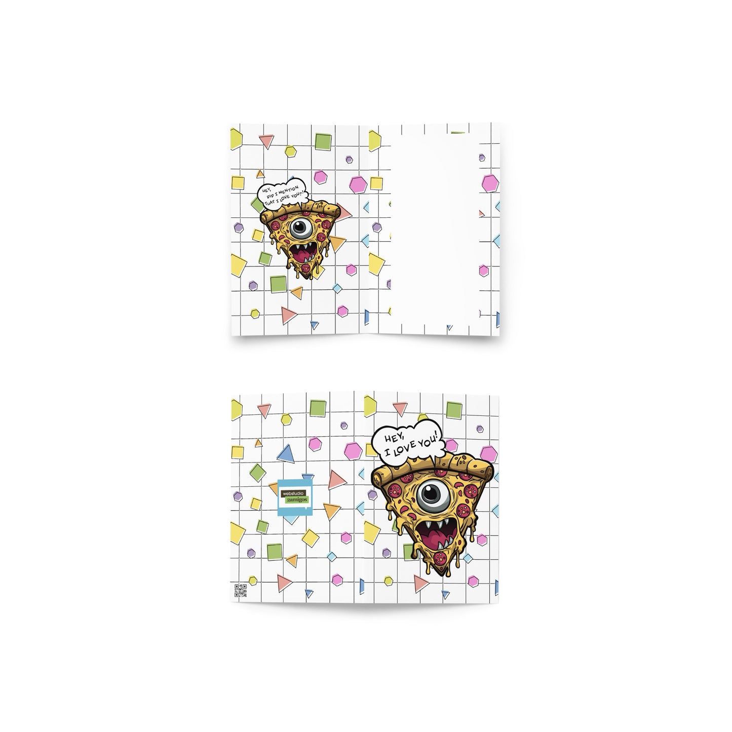 Funny Pizza Slice with One Eye Saying 'Hey, I Love You!  greeting card