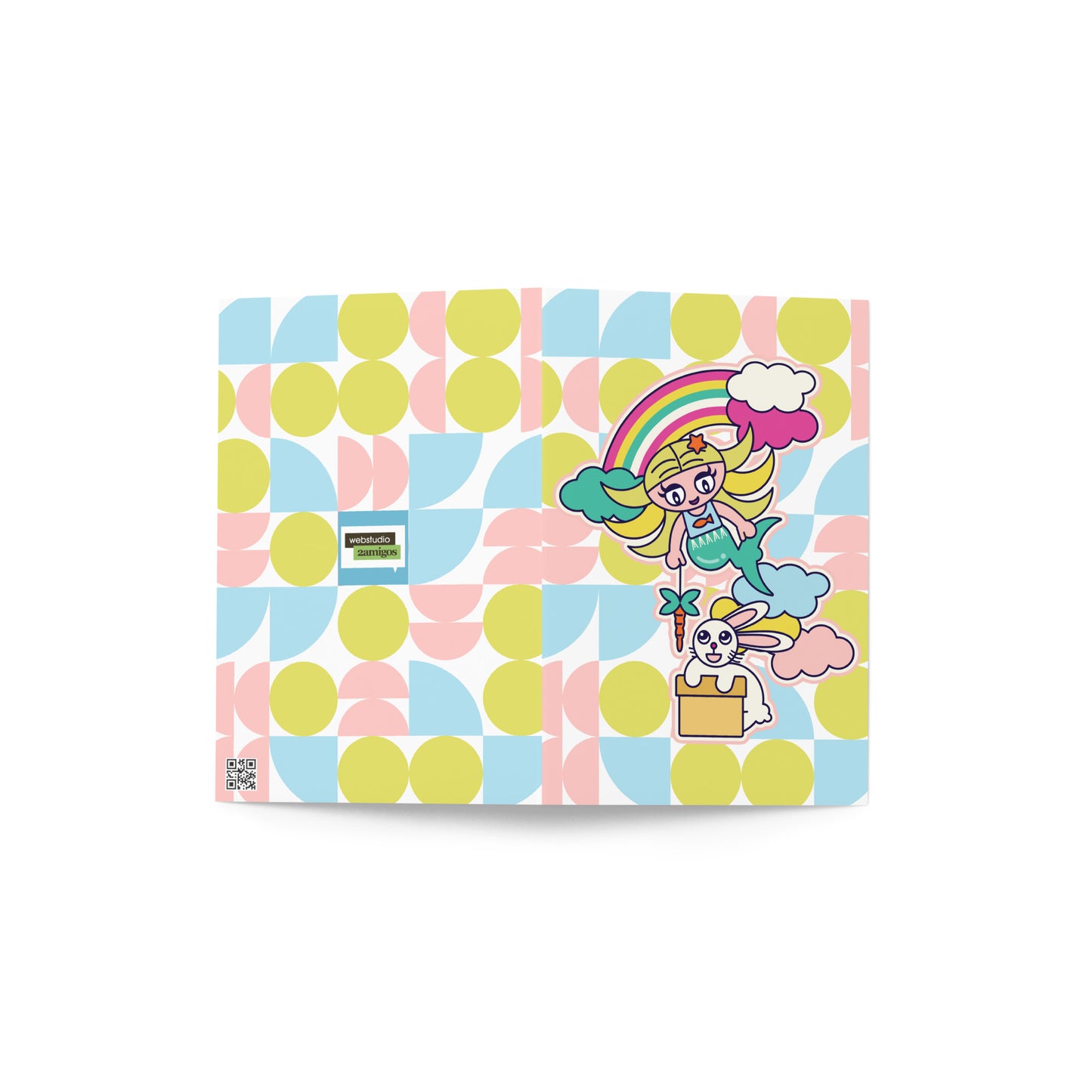 Mermaid & Bunny with rainbow and clouds Greeting card