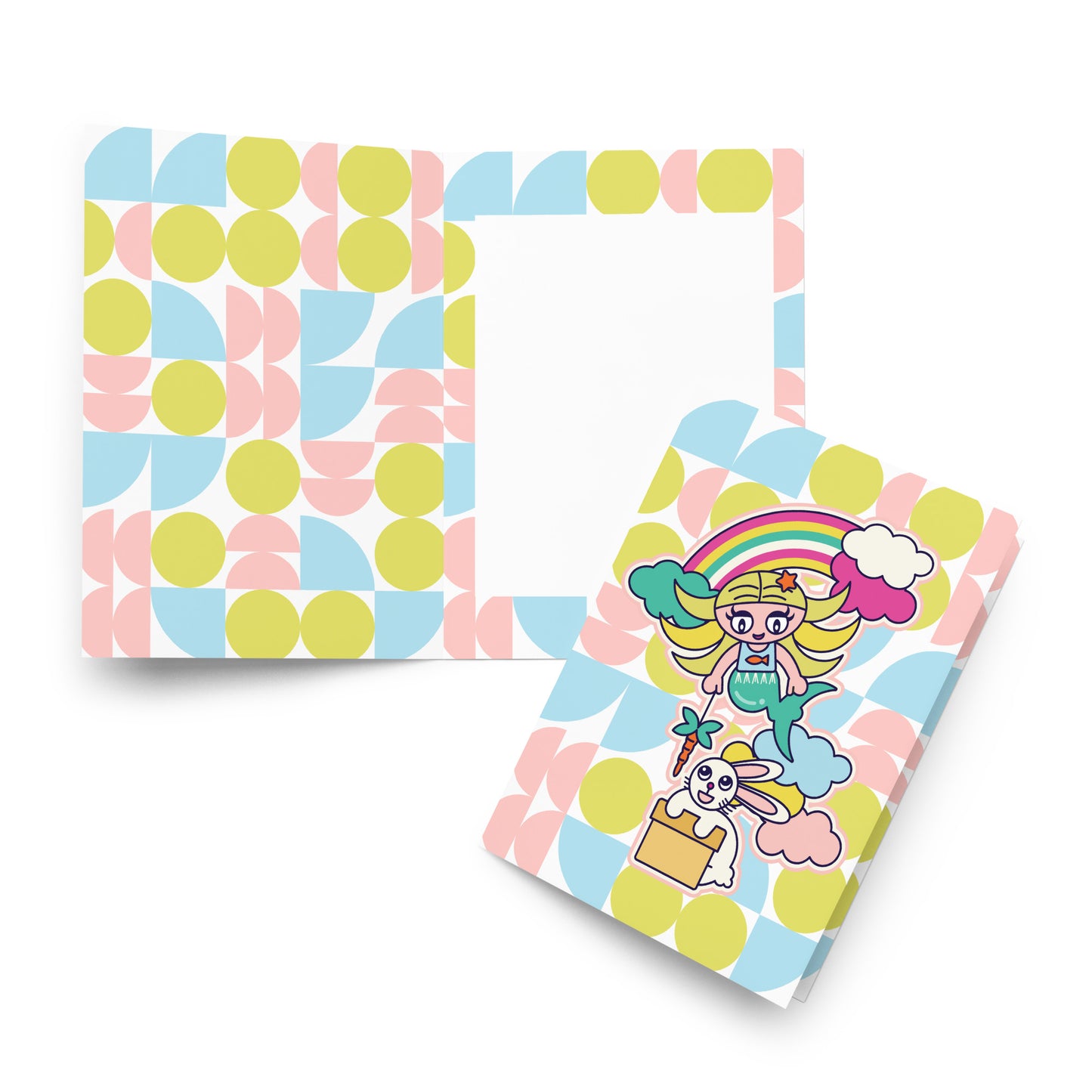 Mermaid & Bunny with rainbow and clouds Greeting card