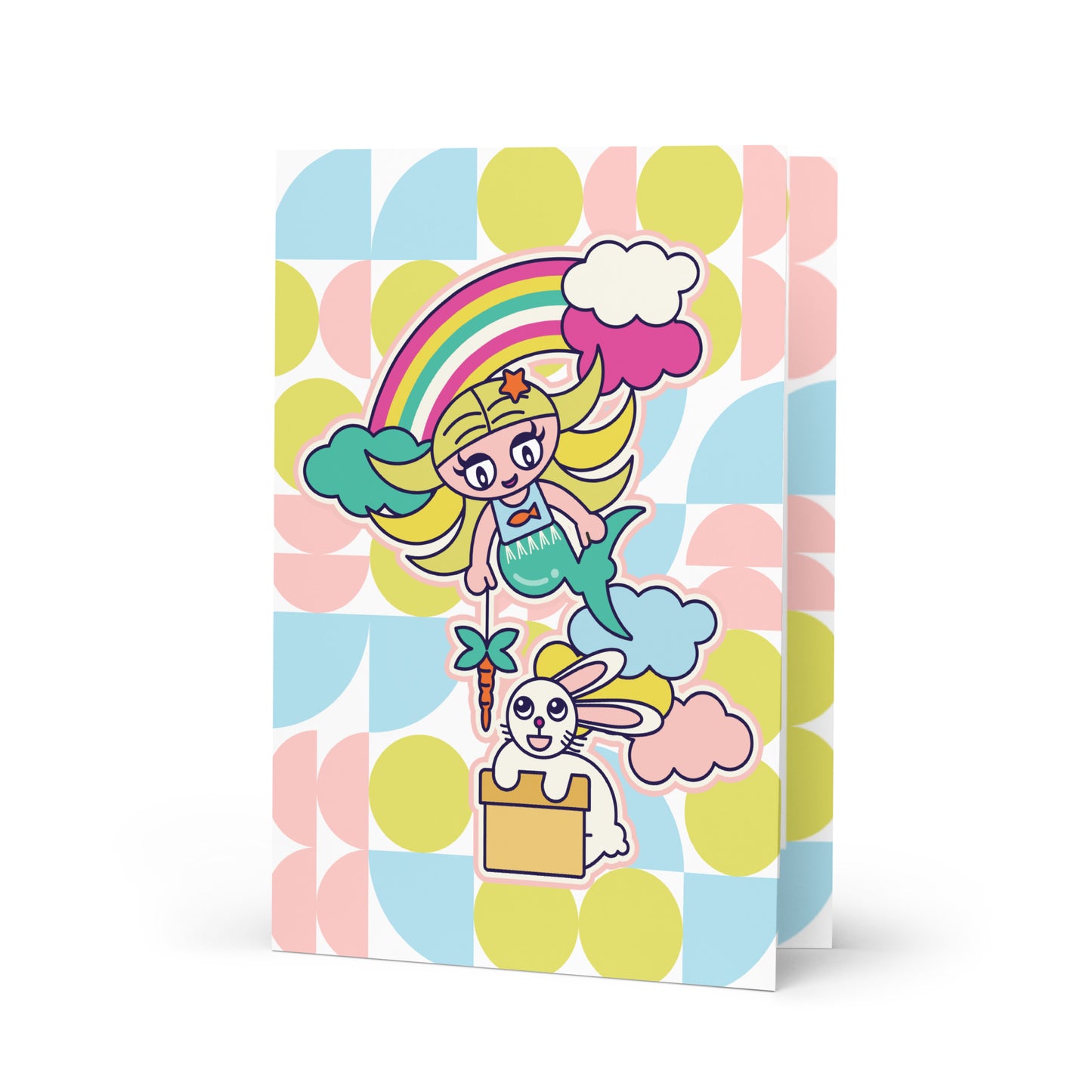 Mermaid & Bunny with rainbow and clouds Greeting card