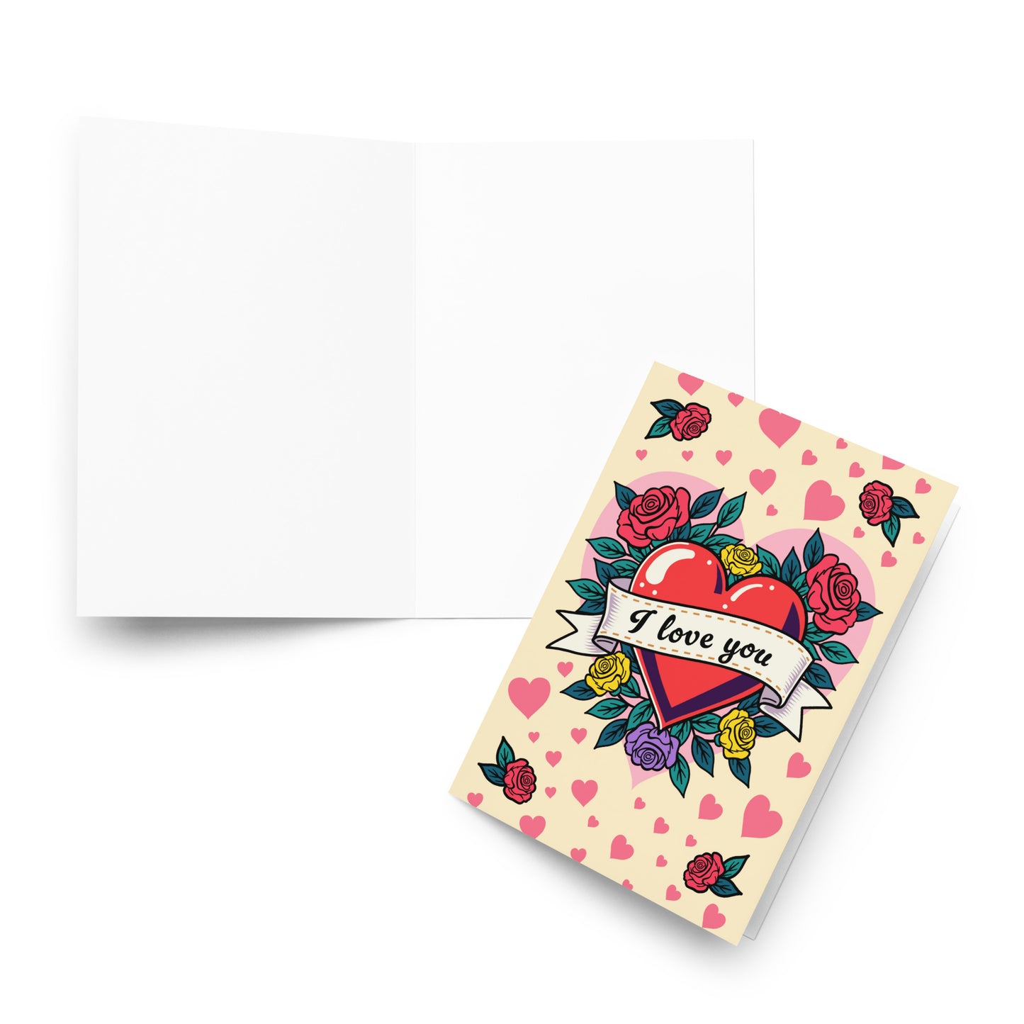 Vintage tattoo style heart with roses greeting card