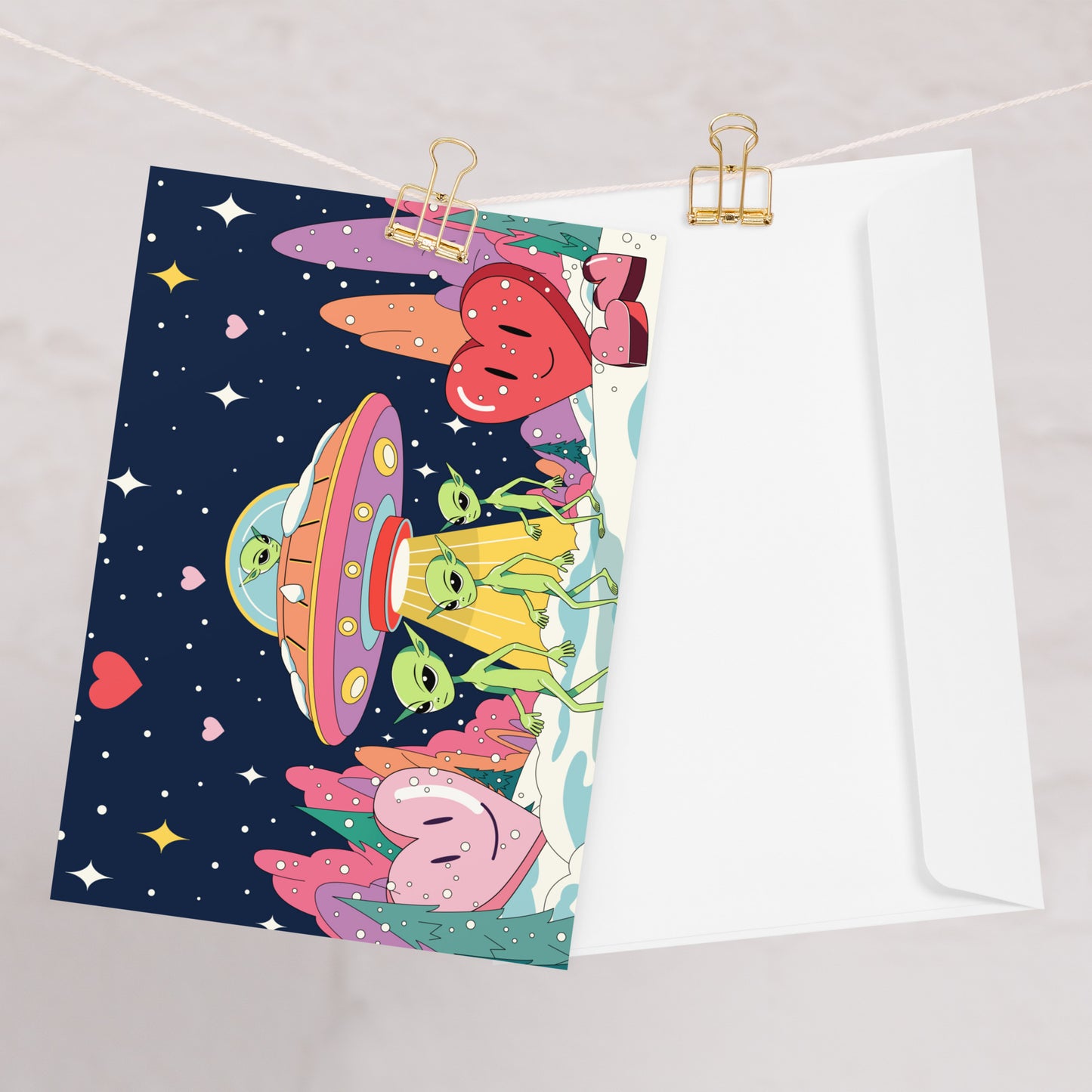 Aliens looking for love and stealing it greeting card