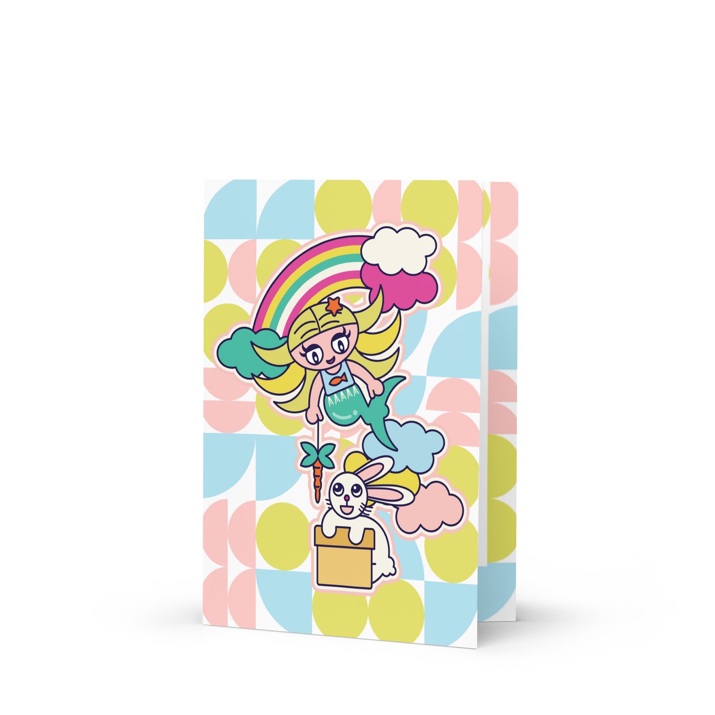 Mermaid & Bunny with rainbow and clouds Greeting card