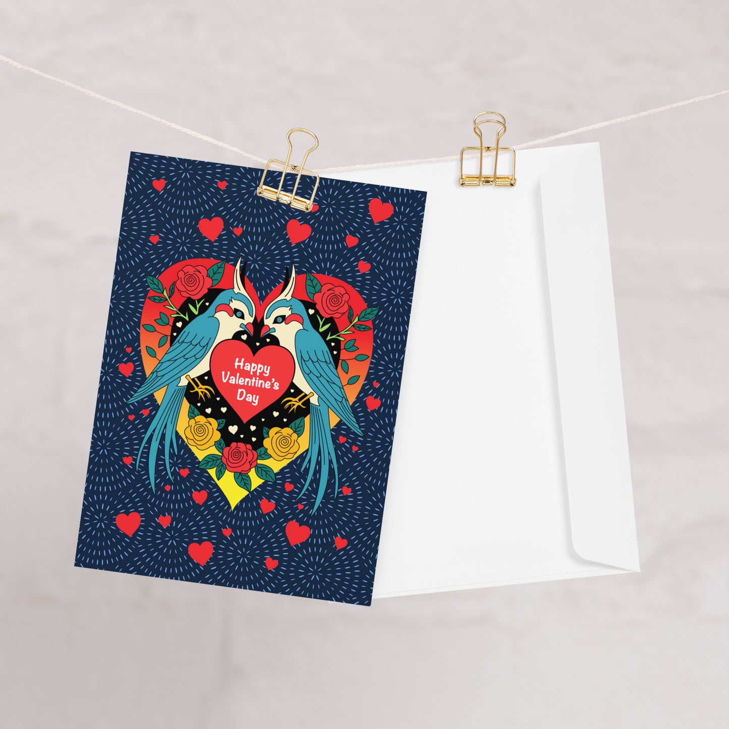 Two birds with message: Happy Valentine's Day greeting card