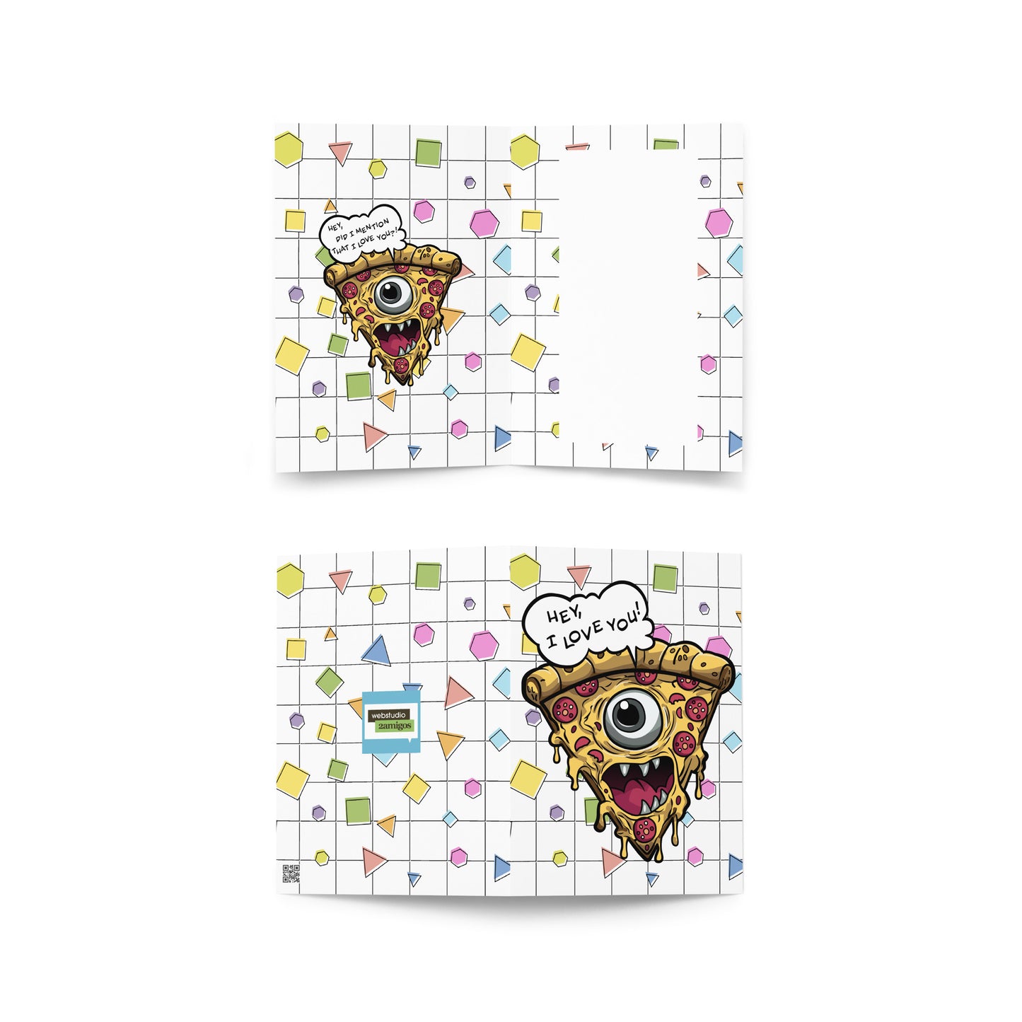 Funny Pizza Slice with One Eye Saying 'Hey, I Love You!  greeting card