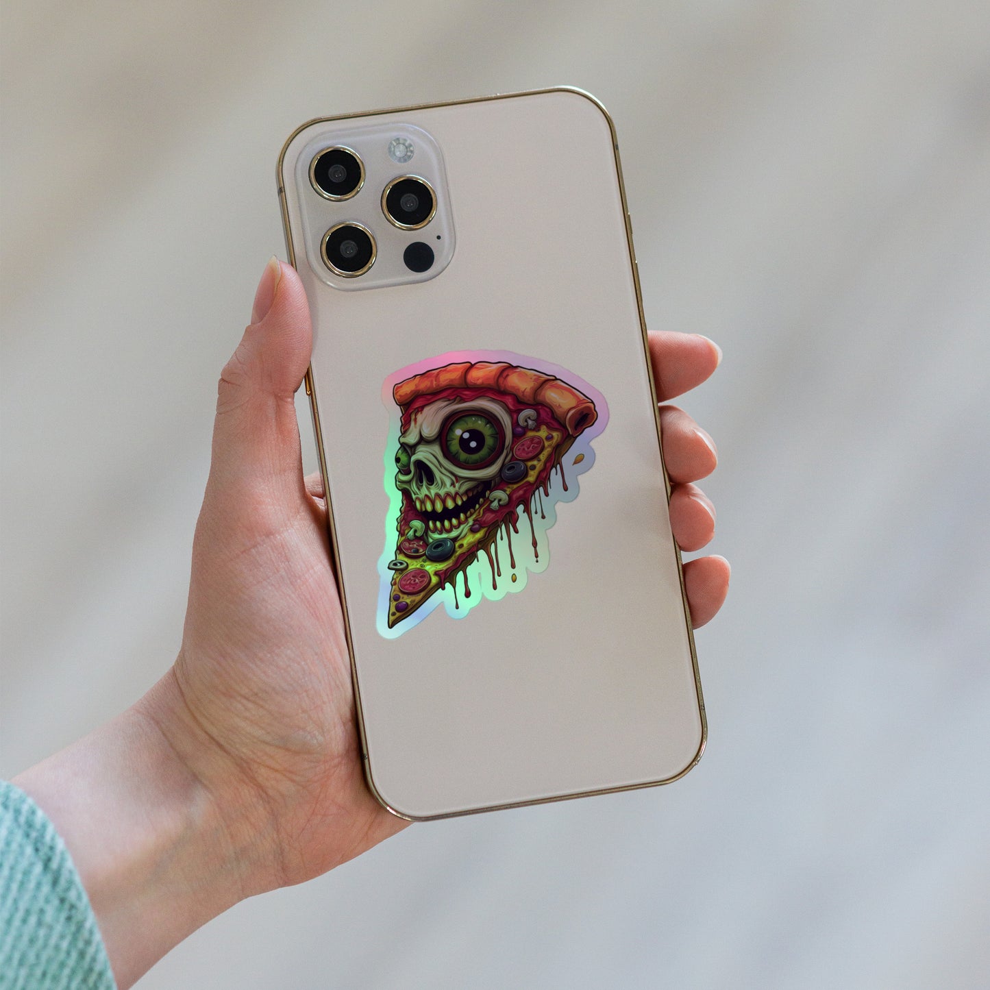 Pizza Slice with skull Holographic stickers