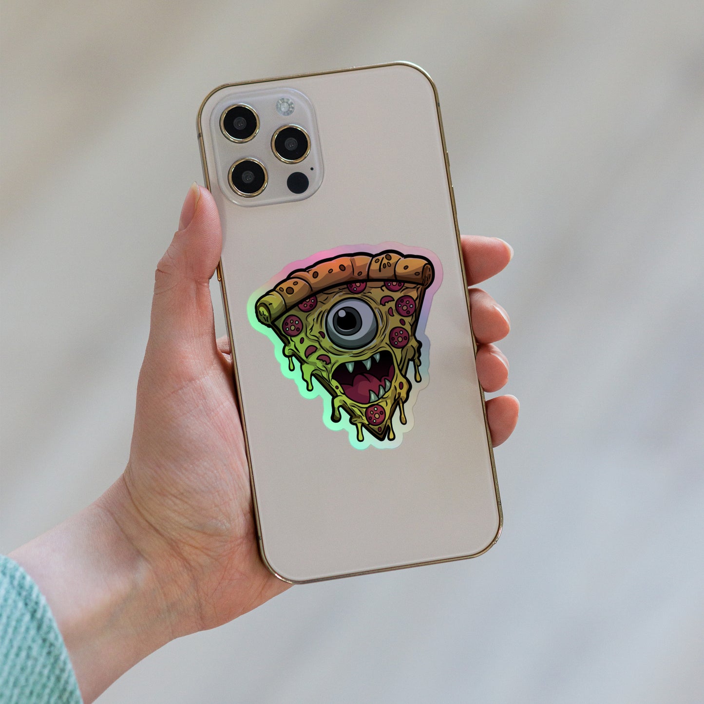 Pizza slice with psychic eye in zombie Holographic stickers