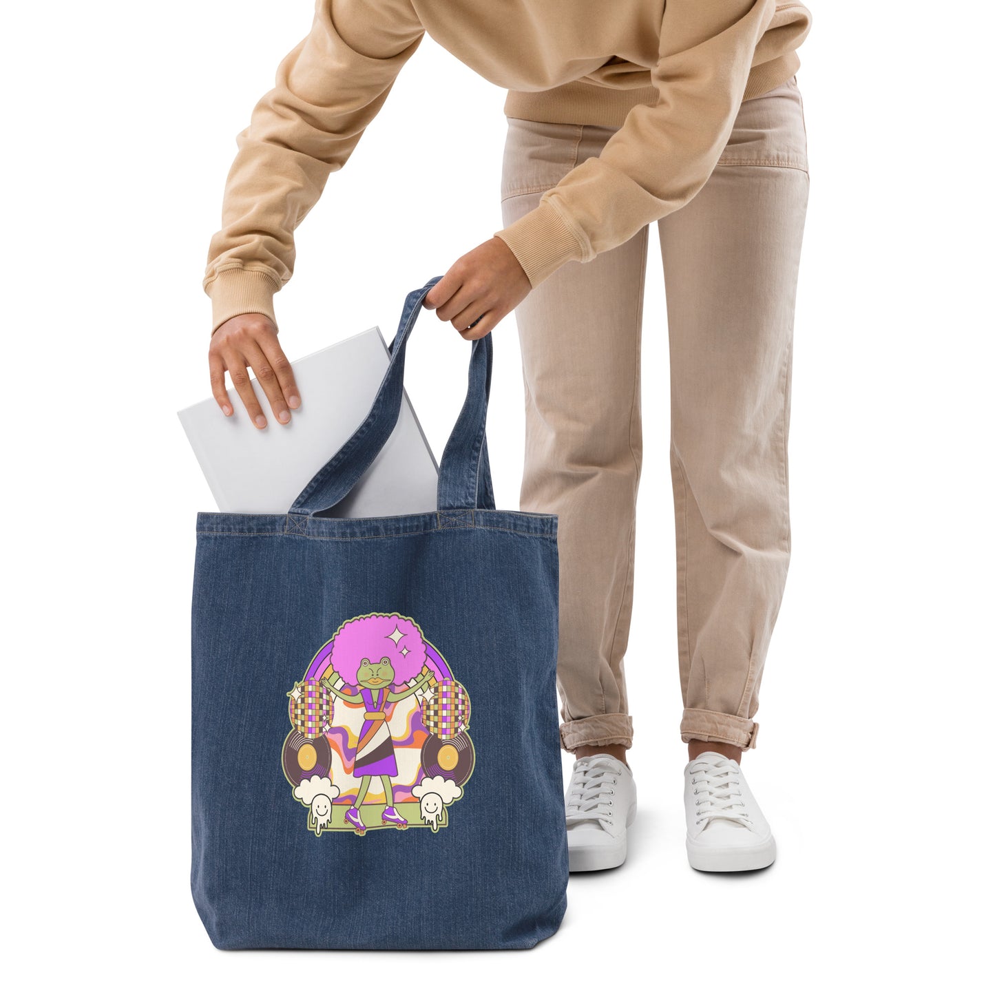 Disco frog with pink hair organic denim tote bag