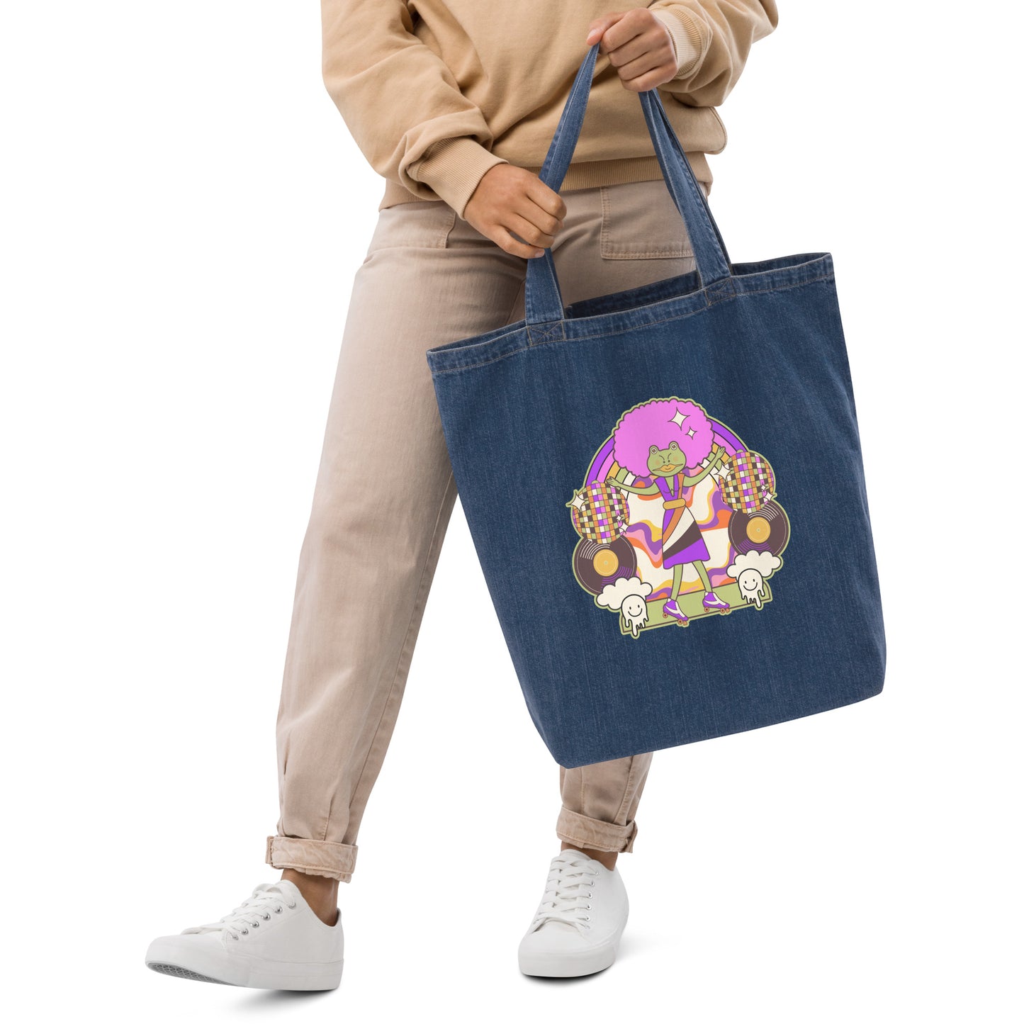 Disco frog with pink hair organic denim tote bag