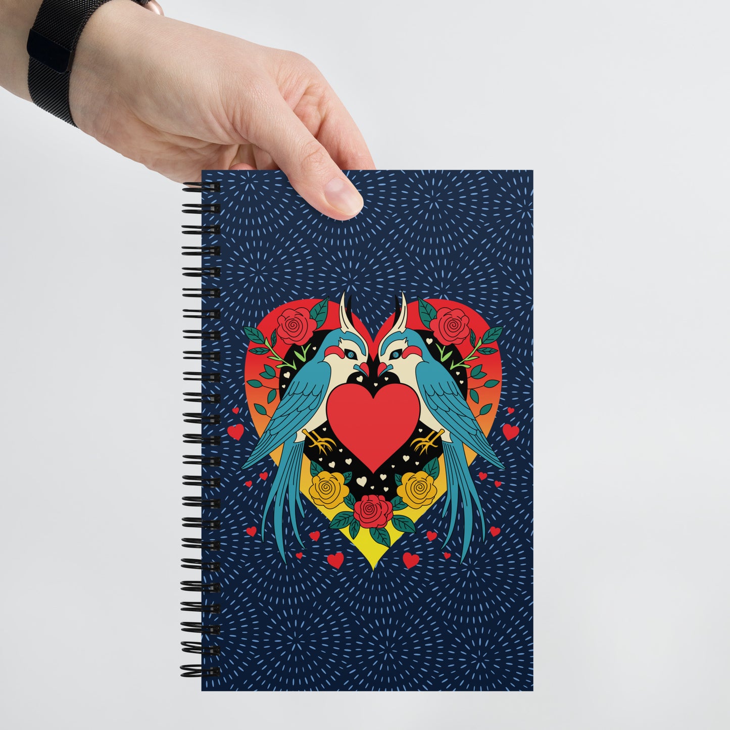 Two birds and hearts in vintage Mexican tattoo style  spiral notebook