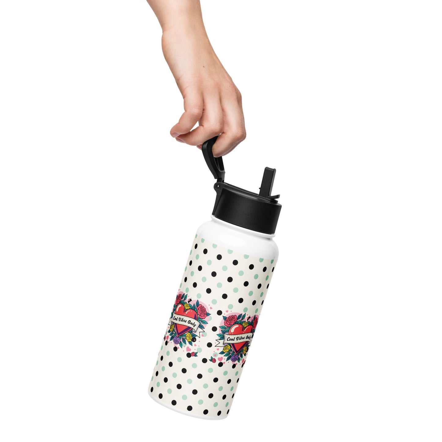 Cool Vibes Only Heart with Roses stainless steel water bottle with a straw lid