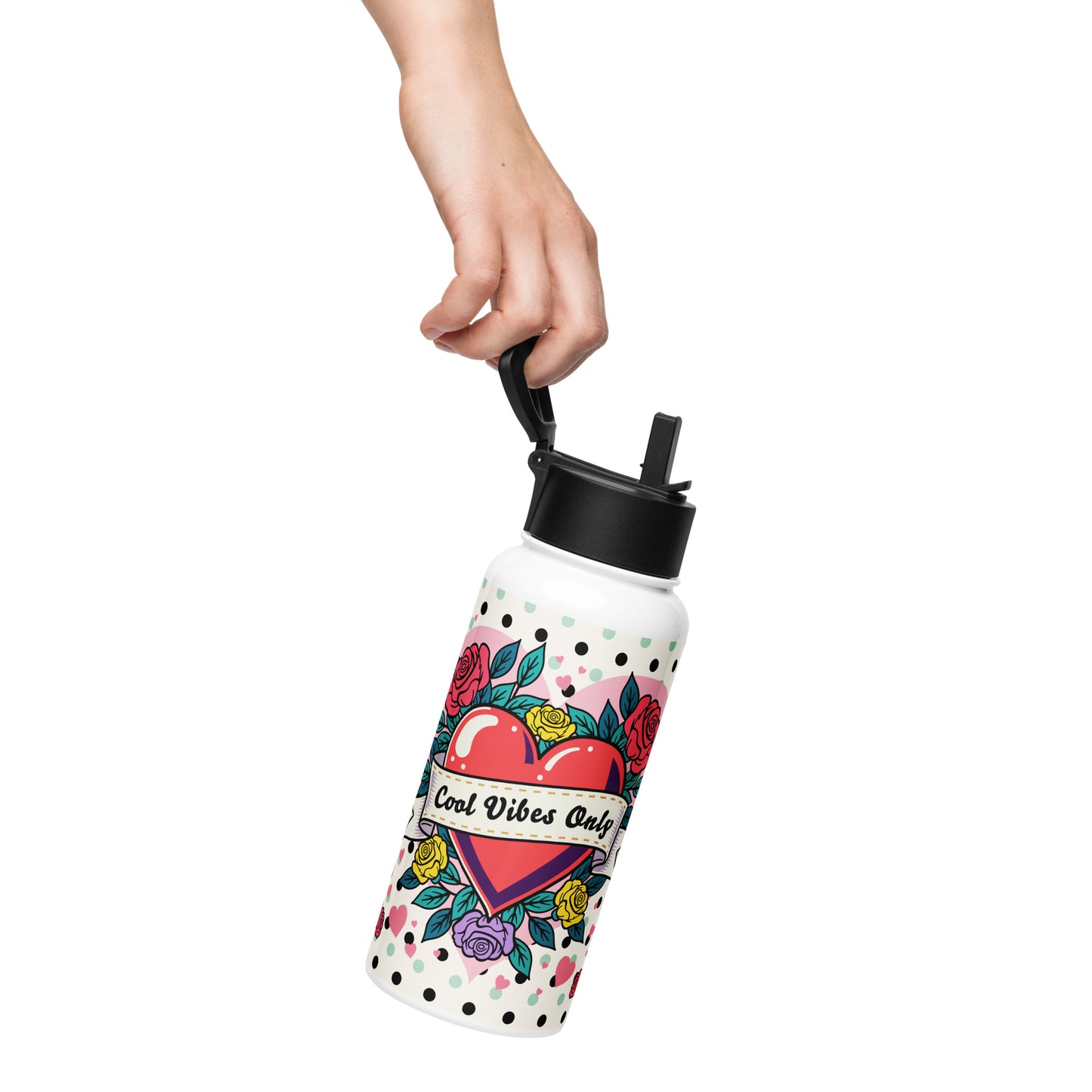 Cool Vibes Only Heart with Roses stainless steel water bottle with a straw lid