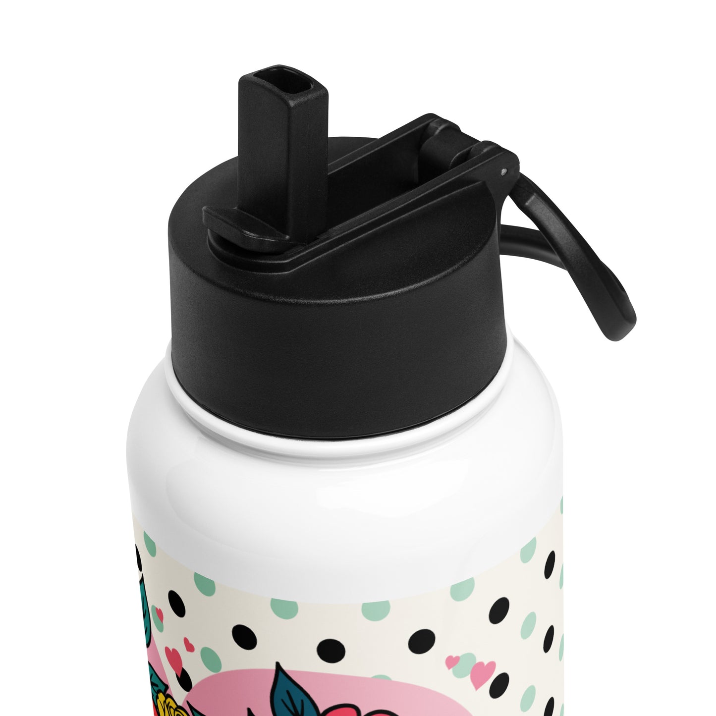 Cool Vibes Only Heart with Roses stainless steel water bottle with a straw lid