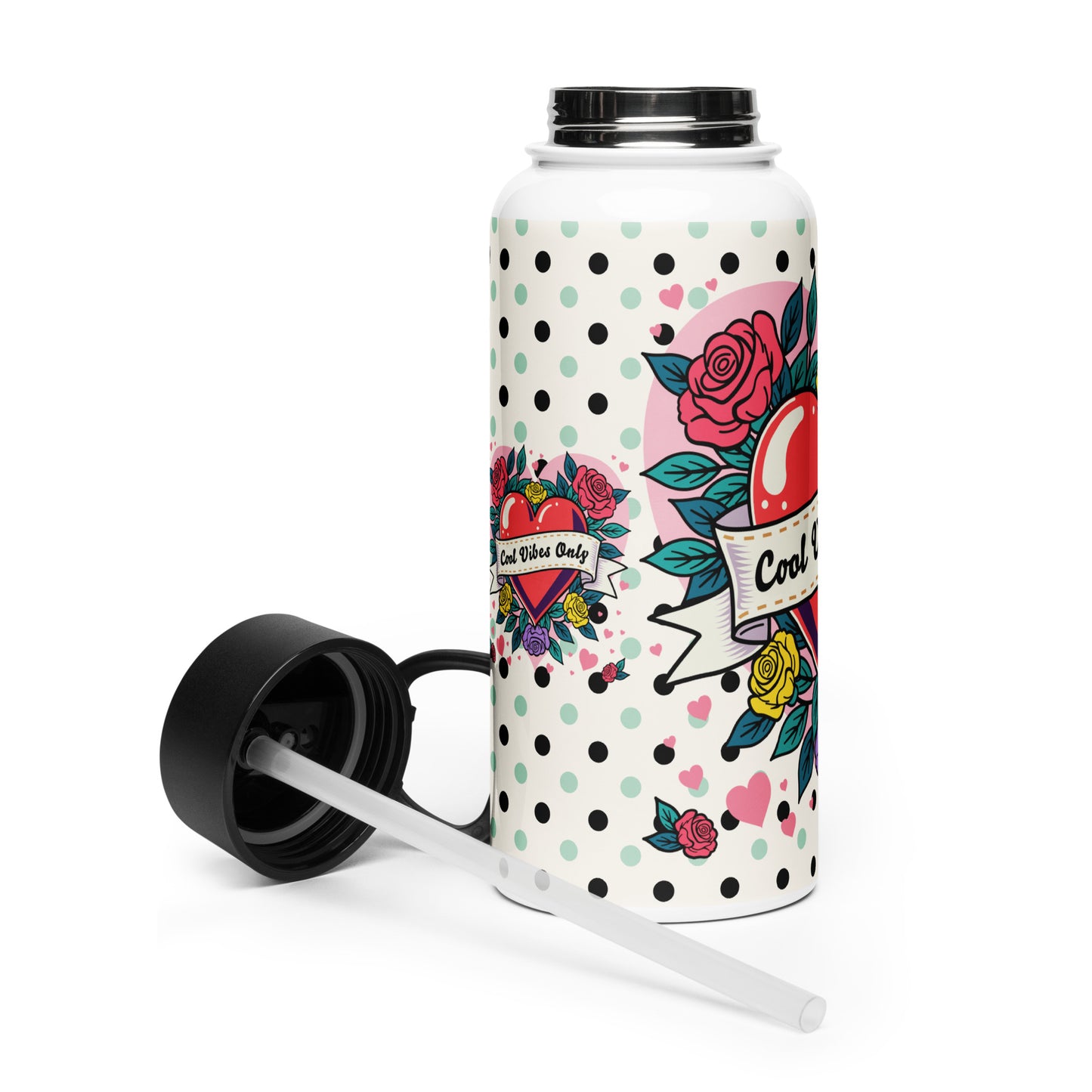 Cool Vibes Only Heart with Roses stainless steel water bottle with a straw lid