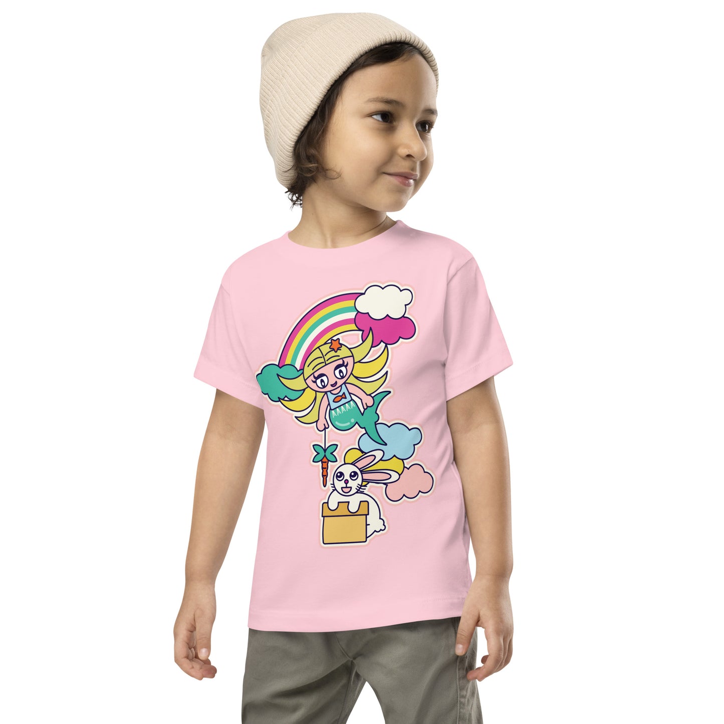 Mermaid & Bunny with rainbow and clouds Toddler Short Sleeve Tee