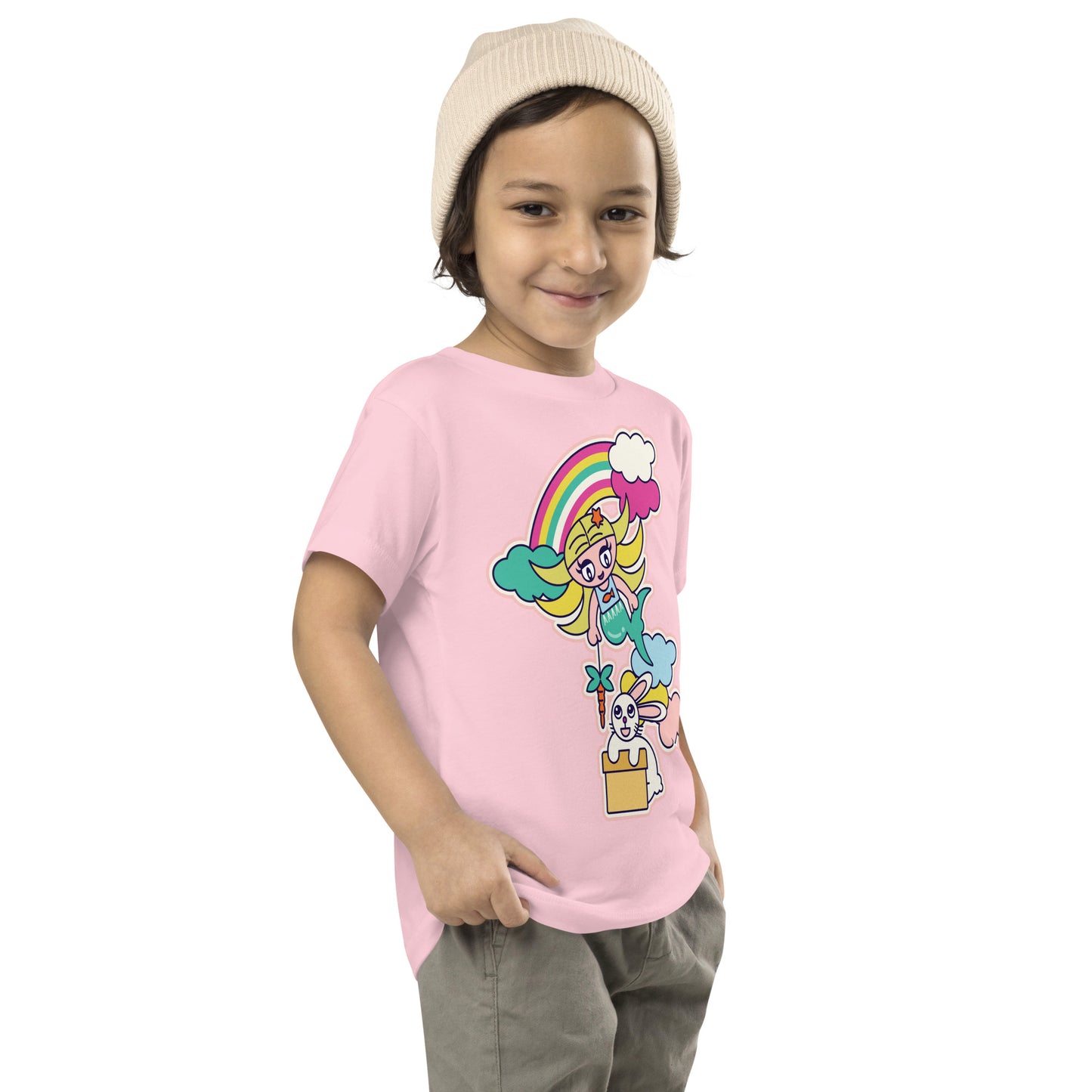 Mermaid & Bunny with rainbow and clouds Toddler Short Sleeve Tee