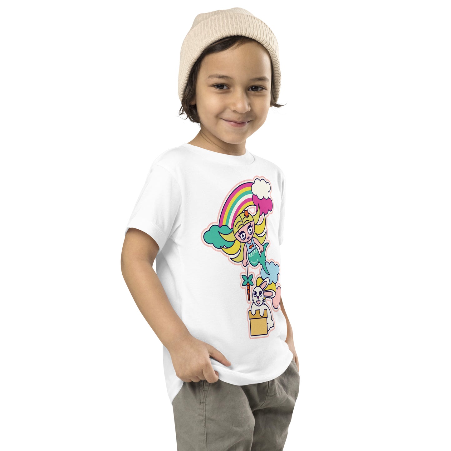 Mermaid & Bunny with rainbow and clouds Toddler Short Sleeve Tee