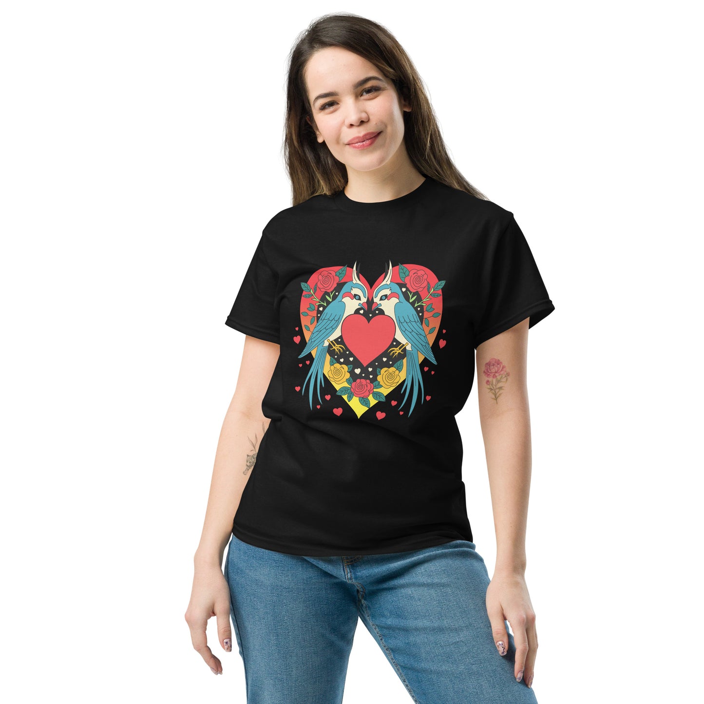 Two birds and hearts in vintage Mexican tattoo style classic tee