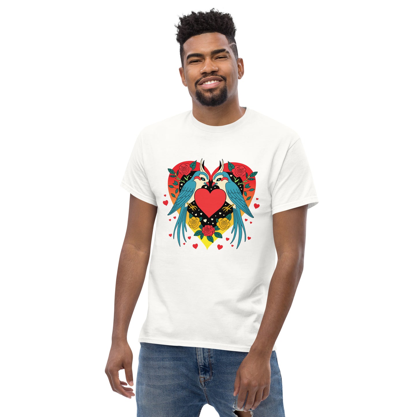 Two birds and hearts in vintage Mexican tattoo style classic tee