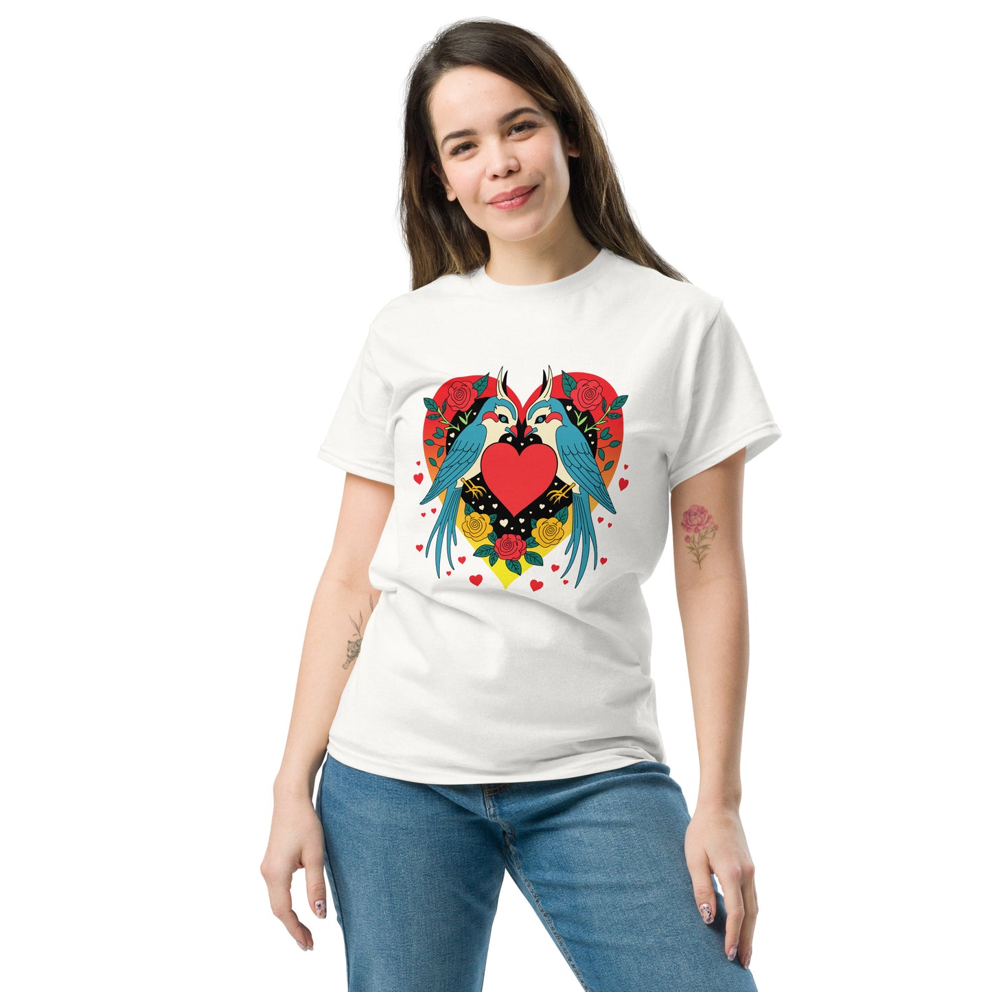 Two birds and hearts in vintage Mexican tattoo style classic tee