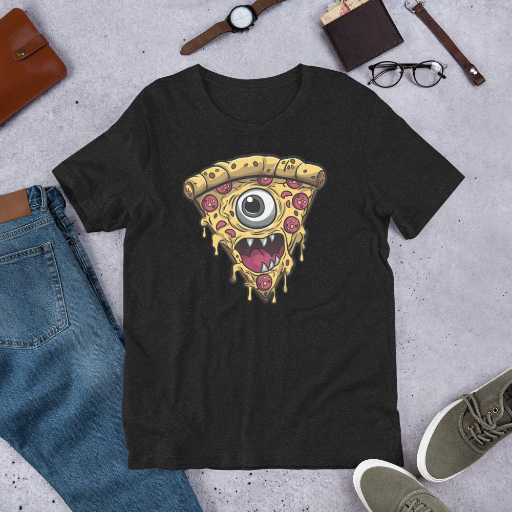 Pizza slice with psychic eye in zombie comic style art unisex t-shirt