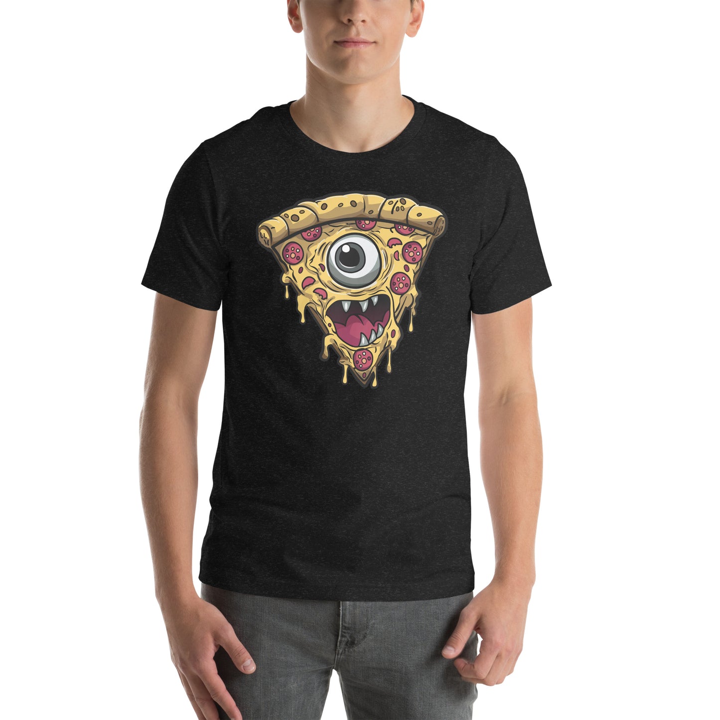 Pizza slice with psychic eye in zombie comic style art unisex t-shirt