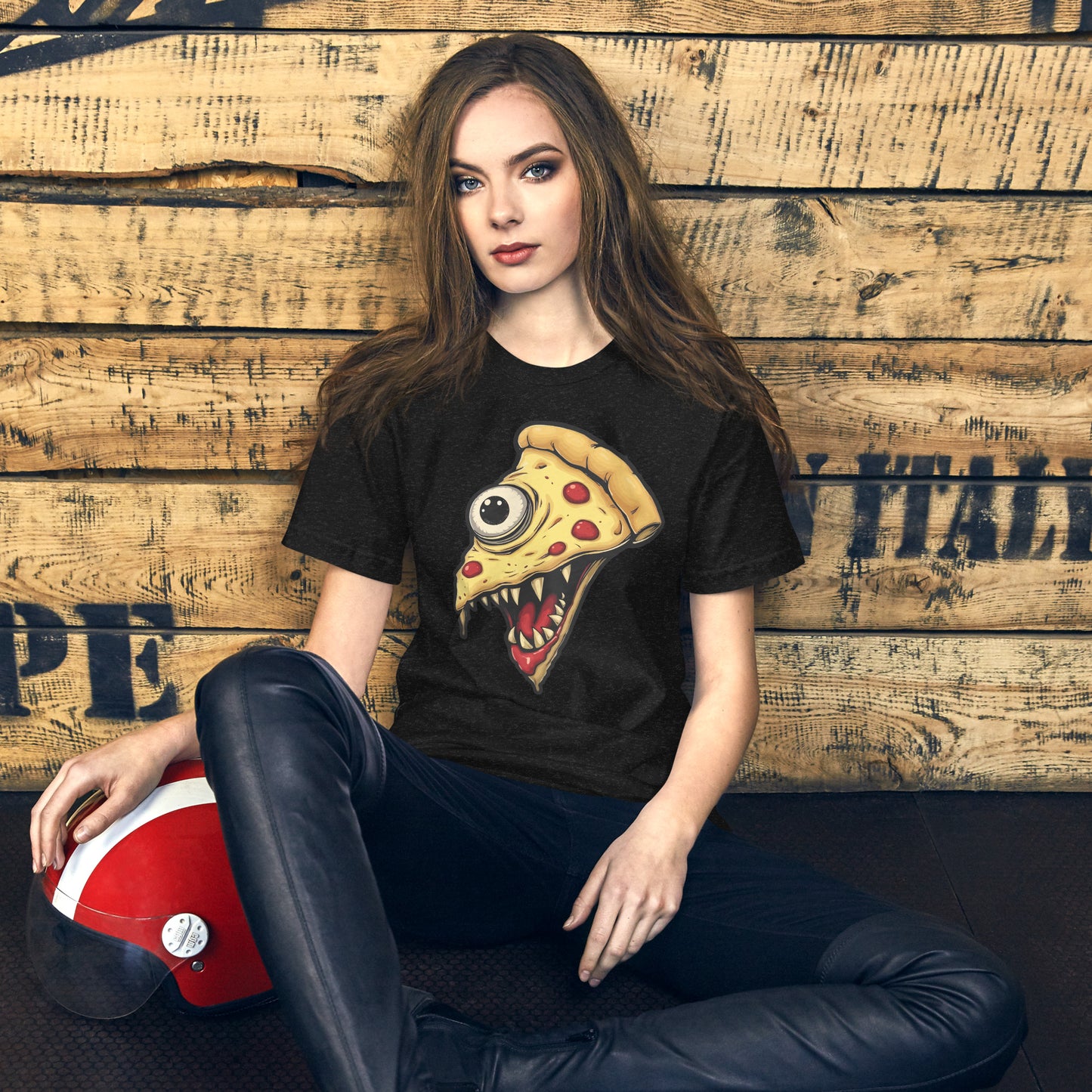 Zombie pizza slice with one eye in comic style Unisex t-shirt