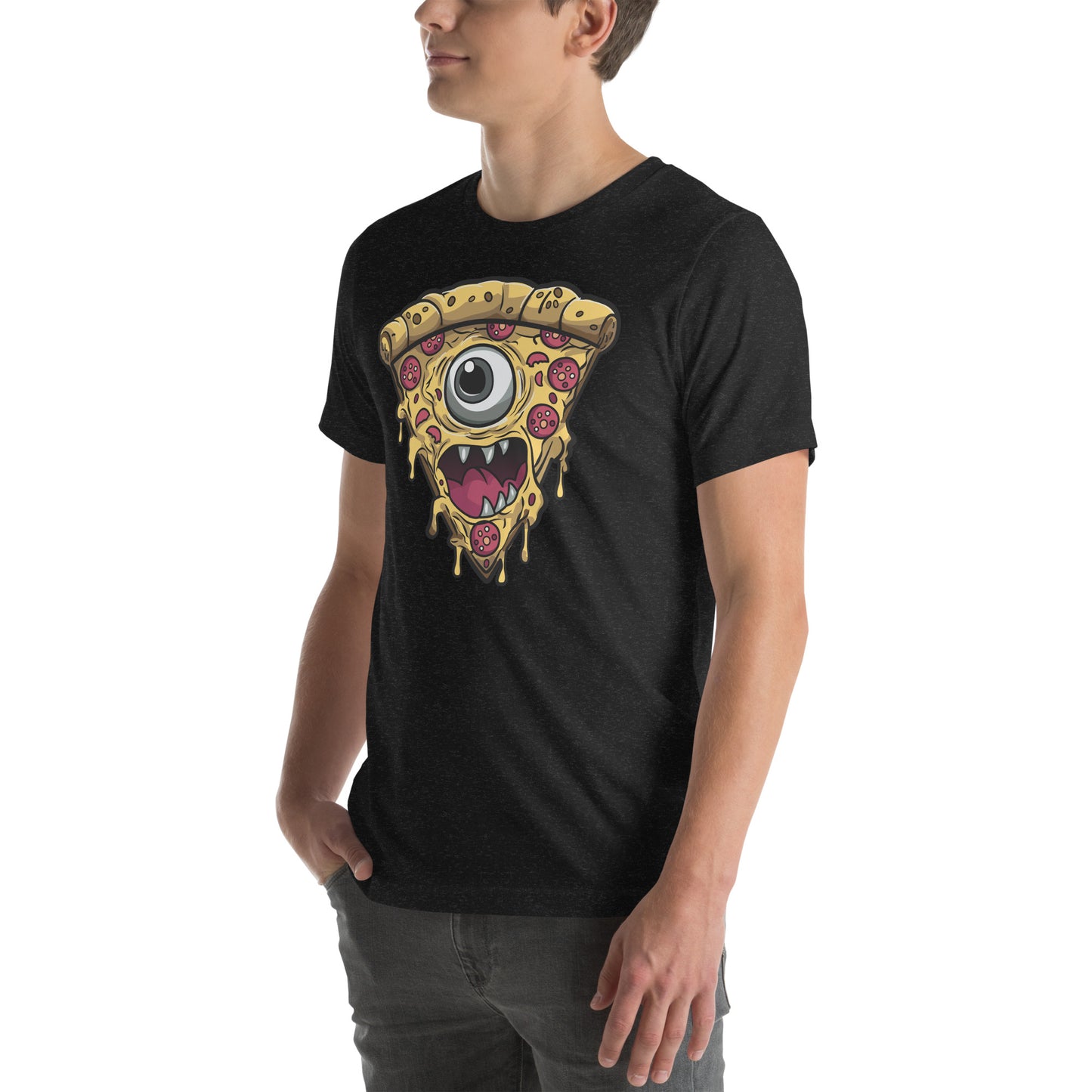 Pizza slice with psychic eye in zombie comic style art unisex t-shirt